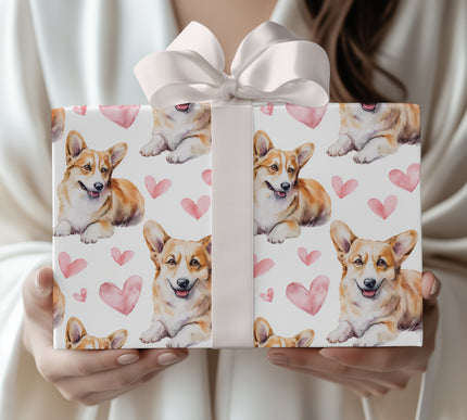 Rosy Paws Delight – Pembroke Welsh Corgi love wrapping paper