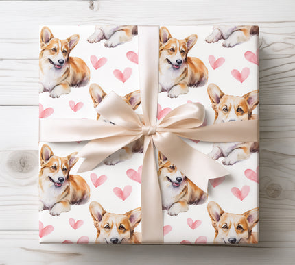 Cheerful watercolor Pembroke Welsh Corgi wrapping paper featuring realistic, hand-painted Corgi illustrations with soft pink heart accents. Perfect for Pembroke Welsh Corgi lovers, dog parents, birthdays, Valentine’s Day, and joyful gifting. Premium seamless Pembroke Welsh Corgi wrapping paper that adds warmth, charm, and happiness to every present. 