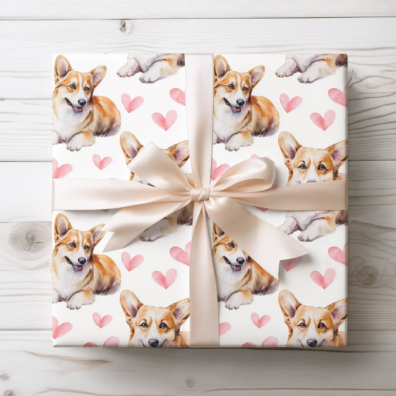 Rosy Paws Delight – Pembroke Welsh Corgi love wrapping paper