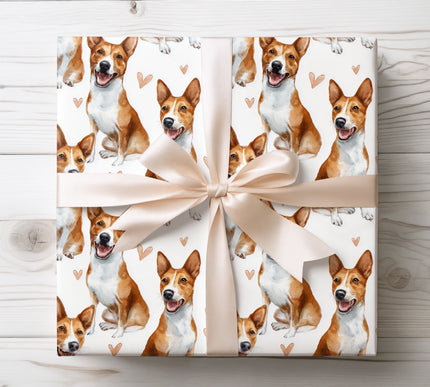 Bright Basenji wrapping paper featuring a lively watercolor dog illustration with soft peach heart accents on a clean white background. Perfect for dog lovers, romantic gifts, Valentine’s Day, birthdays, anniversaries, or any special occasion. This Basenji watercolor wrapping paper adds a joyful, modern, and heartfelt touch to every gift. 
