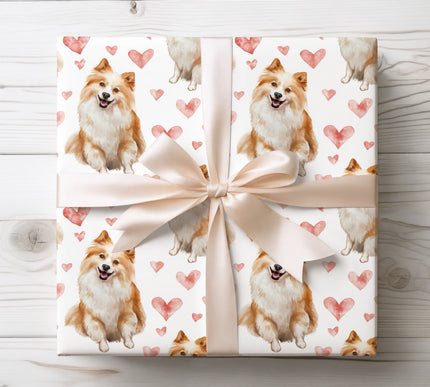 Premium American Eskimo Dog wrapping paper featuring joyful watercolor sitting portraits with soft pink hearts on a clean white background. Perfect gift wrap for American Eskimo Dog lovers, dog moms and dog dads, Valentine’s Day, birthdays, anniversaries, and cozy pet-themed gifts. High-quality wrapping paper with a bright, romantic style. 