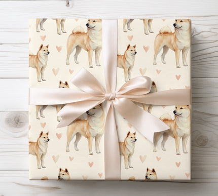Beautiful Korean Jindo Dog wrapping paper showcasing a detailed watercolor illustration of the Korean Jindo dog paired with gentle heart motifs. Ideal for Korean Jindo owners, dog lovers, Valentine’s Day gifts, birthdays, and special occasions. High-quality seamless wrapping paper that adds a calm, elegant, and affectionate touch to every gift. 