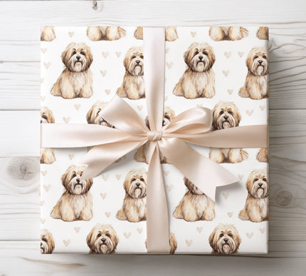 Elegant Lhasa Apso wrapping paper featuring realistic watercolor illustrations of the Lhasa Apso dog with soft neutral heart accents. Perfect for Lhasa Apso lovers and dog owners, ideal for birthdays, Valentine’s Day, holidays, and thoughtful gift giving. Premium seamless wrapping paper designed for calm, cozy, and heartfelt presentation. 