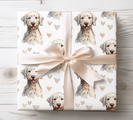 Delicate Bedlington Terrier wrapping paper showcasing a gentle watercolor dog portrait with soft neutral heart accents on a clean white background. Ideal for dog lovers, romantic gifts, Valentine’s Day, birthdays, anniversaries, or everyday gifting. This Bedlington Terrier watercolor wrapping paper brings an elegant, airy, and heartfelt finish to every gift. 