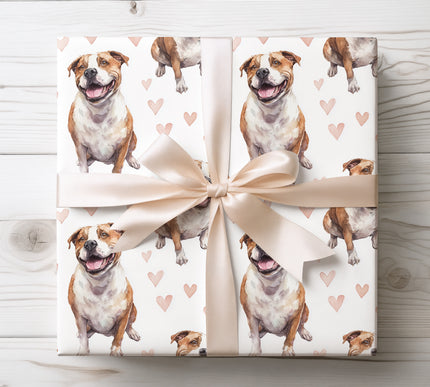 Premium American Bulldog dog wrapping paper featuring cheerful watercolor sitting portraits with soft blush hearts on a clean white background. Perfect gift wrap for American Bulldog lovers, dog moms and dog dads, Valentine’s Day, birthdays, anniversaries, and heartfelt pet-themed gifts. High-quality wrapping paper with a cozy, romantic feel. 