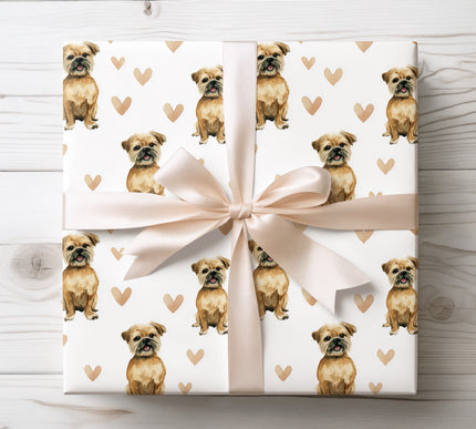 Sweet watercolor Brussels Griffon dog wrapping paper showcasing a joyful Brussels Griffon illustration with delicate pastel hearts on a bright white background. High-quality wrapping paper ideal for dog lovers, special occasions, birthdays, Valentine’s Day, and heartfelt gifting. Cozy, charming, and beautifully detailed Brussels Griffon gift wrap. 