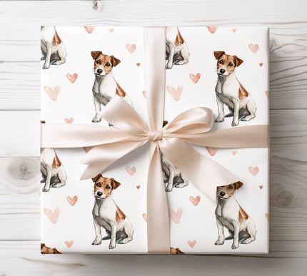 Adorable Jack Russell Terrier wrapping paper featuring a charming watercolor illustration of the Jack Russell Terrier dog with soft heart accents. Perfect for Jack Russell Terrier lovers, dog-themed gifts, birthdays, Valentine’s Day, and special occasions. High-quality seamless wrapping paper designed for playful yet elegant gift presentation. 