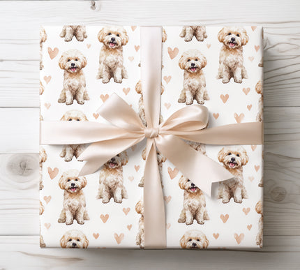 Adorable Bichon Frise wrapping paper featuring a realistic watercolor dog illustration with soft blush and beige heart accents on a clean white background. Perfect for dog lovers, romantic gifts, Valentine’s Day, birthdays, baby showers, or special occasions. This Bichon Frise watercolor wrapping paper adds a sweet, cozy, and joyful touch to every gift. 