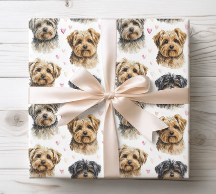 Adorable Yorkipoo dog wrapping paper featuring soft watercolor Yorkipoo portraits with delicate heart details. Perfect gift wrap for Yorkipoo owners, dog lovers, birthdays, Valentine’s Day, and special occasions. High-quality, print-ready wrapping paper with a clean white background and a warm, charming pet design. Ships fast from the USA. 