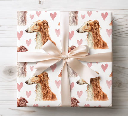 Refined watercolor wrapping paper showcasing graceful Silken Windhound portraits with delicate heart details. Soft, romantic color palette and seamless repeat make it perfect for dog lovers, romantic gifts, Valentine’s Day, birthdays, and premium gift wrapping with an artistic touch. 