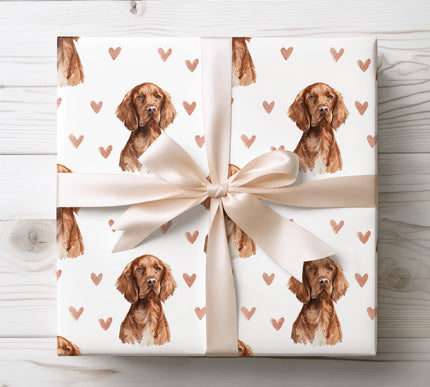Premium Irish Setter wrapping paper featuring a realistic watercolor illustration of the Irish Setter dog with soft heart accents. Perfect gift wrap for Irish Setter owners, dog lovers, birthdays, Valentine’s Day, holidays, or any special occasion. High-quality seamless pattern, ideal for elegant and personalized gift wrapping. 