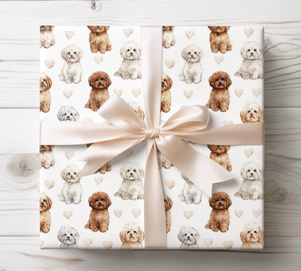 This Maltipoo dog wrapping paper features a charming watercolor illustration of a Maltipoo surrounded by soft heart details. Perfect gift wrap for Maltipoo lovers, dog moms, dog dads, birthdays, Valentine’s Day, and special occasions. High-quality wrapping paper with an elegant, cozy feel, ideal for pet-themed gifts and thoughtful presents. Ships fast from the USA. 
