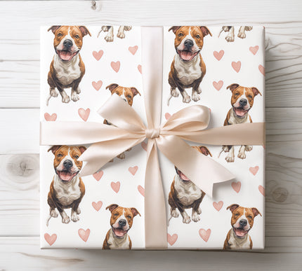Premium American Bully dog wrapping paper featuring joyful watercolor sitting portraits with soft blush hearts on a clean white background. Perfect gift wrap for American Bully lovers, dog moms and dog dads, Valentine’s Day, birthdays, anniversaries, and heartfelt pet-themed gifts. High-quality wrapping paper with a warm, romantic feel. 