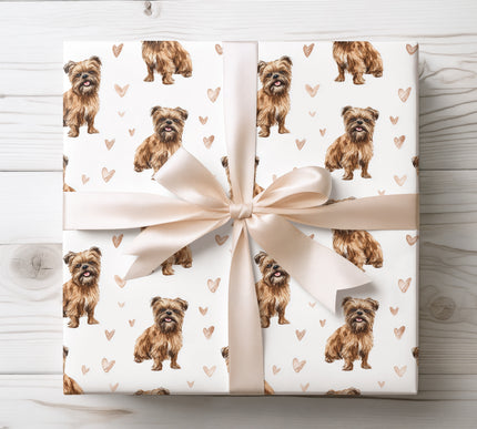 Charming watercolor Brussels Griffon dog wrapping paper featuring a happy Brussels Griffon illustration with soft hand-painted hearts on a clean white background. Premium-quality wrapping paper perfect for dog lovers, birthdays, Valentine’s Day, anniversaries, and heartfelt gifts. Cozy, elegant, and timeless Brussels Griffon gift wrap. 