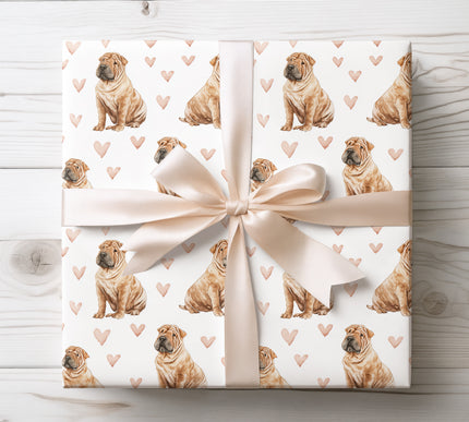 Unique watercolor Shar Pei wrapping paper showcasing adorable Shar Pei dog portraits paired with gentle heart details. The bright white background and seamless repeat pattern make it ideal for dog lovers, romantic occasions, birthdays, and special celebrations. High-quality wrapping paper with a warm, affectionate, pet-themed aesthetic.
