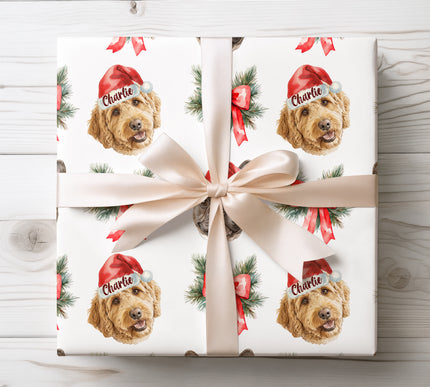 Make Christmas gifts extra special with personalized dog wrapping paper featuring watercolor pet portraits in Santa hats and festive evergreen bows. Customize the design with your own dog or cat for unique holiday gift wrap made for pet lovers. Perfect for Christmas presents, dog lovers, and thoughtful seasonal surprises.
