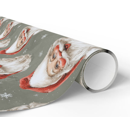 RetroClaus – Vintage Santa faces with snowflakes on a muted green background Wrapping Paper