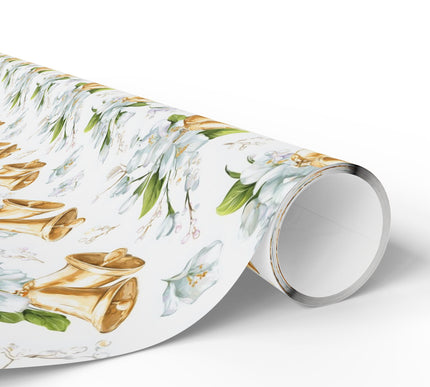 Lunafleur Glimmerbell – White floral bouquet with golden bells seamless wrapping paper