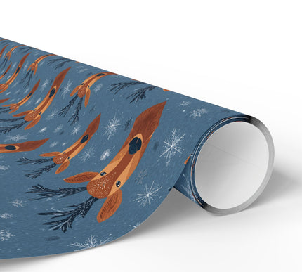 Frosthorn – Blue Reindeer Head and Snowflakes Holiday Wrapping Paper