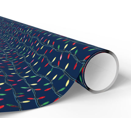 TwinkleTangle – Colorful Christmas Lights on Navy Blue Wrapping Paper