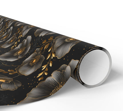 Midnight Poppetide – Gold and black foil poppy flower seamless wrapping paper