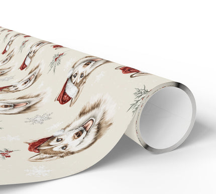 MerryHusky – Husky Dog in Santa Hat with Snowflakes Wrapping Paper