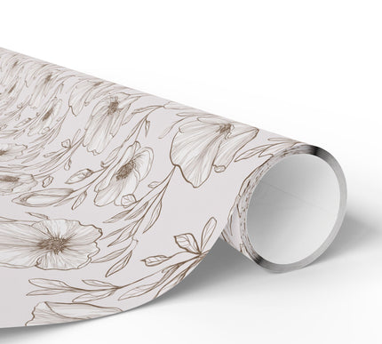 PetalInk – Brown Fine Line Poppies and Leaves on Blush Background Wrapping Paper