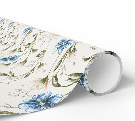 Petalwhisper Dusk – Elegant floral design with blue and cream blossoms on ivory wrapping paper
