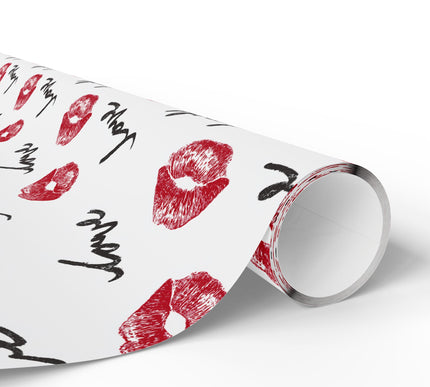 Kisscribe – Red lips and “love” cursive text pattern wrapping paper