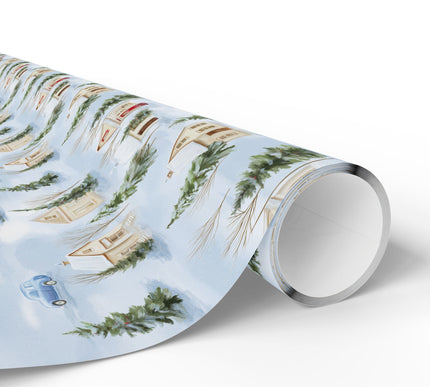 Snowpine Hamlet – Cozy snowy village with pine trees and classic cars wrapping paper
