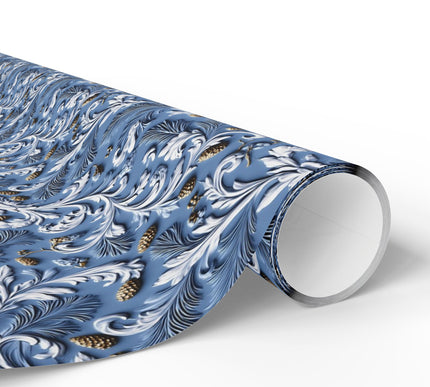Frostpine Elegance - Luxurious Blue Embossed Pinecone Wrapping Paper