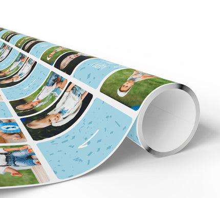 BirthdayBrights – Custom Blue Photo Collage 1st Birthday Wrapping Paper - Up to 6 custom photos