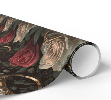 Midnight Vow Embrace – Lux Wedding Ring & Roses Wrapping Paper