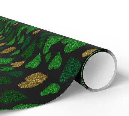 Verdant Glowhearts – Green & Gold Glitter Hearts Festive wrapping paper