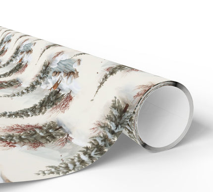Whispering Pines – Snowy Forest Pattern with Deer, River and Pine Trees Christmas Wrapping Paper
