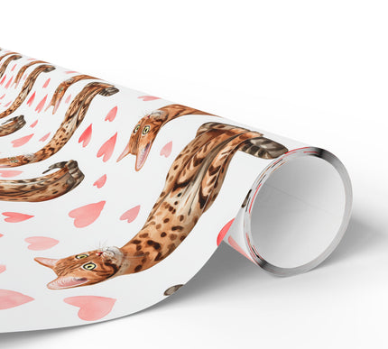 Rosette Amour – Watercolor Bengal Cat with Pink Hearts wrapping paper