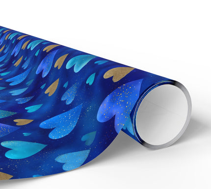 Azure Heartfall – Blue and Gold Sparkle Hearts wrapping paper