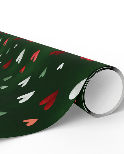 Heartmere – Red and White Hearts on Green Watercolor Wrapping Paper