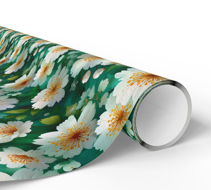 Verdant Bloom Symphony - Watercolor Floral Wrapping Paper on Green Background