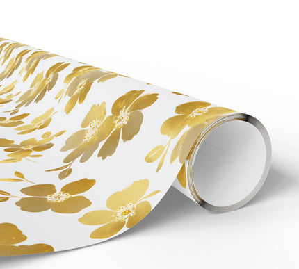 Sunveil Garden – Minimalistic gold foil floral seamless pattern on white wrapping paper