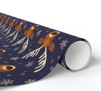 Midnight Stag – Dark Blue Reindeer and Snowflakes Christmas Wrapping Paper