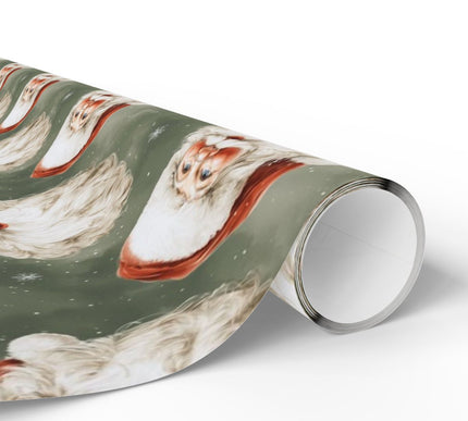 Holiday Green Gaze – Classic Santa heads with red hats on dark green snowy background wrapping paper